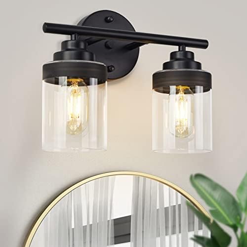 GOPIMZA 2-Light Bathroom Vanity Light Fixtures, Black Wall Sconce Light with Clear Glass, Modern Lighting Bathroom Wall Lamp for Mirror, Living Room, Bedroom, Hallway