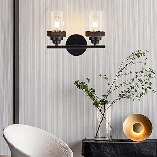 GOPIMZA 2-Light Bathroom Vanity Light Fixtures, Black Wall Sconce Light with Clear Glass, Modern Lighting Bathroom Wall Lamp for Mirror, Living Room, Bedroom, Hallway